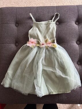 Girls' Sage Green Floral Appliqué Tulle Dress